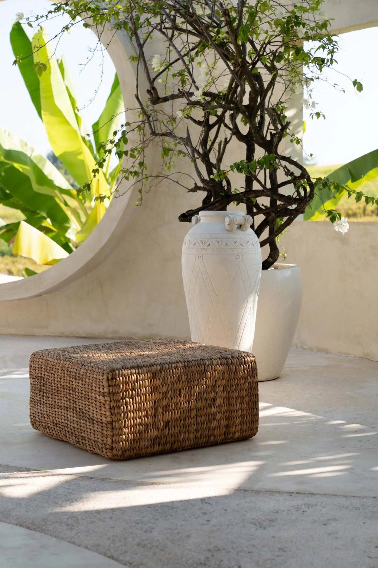 Hyacinth Pouf - Square water hyacinth pouf in natural color
