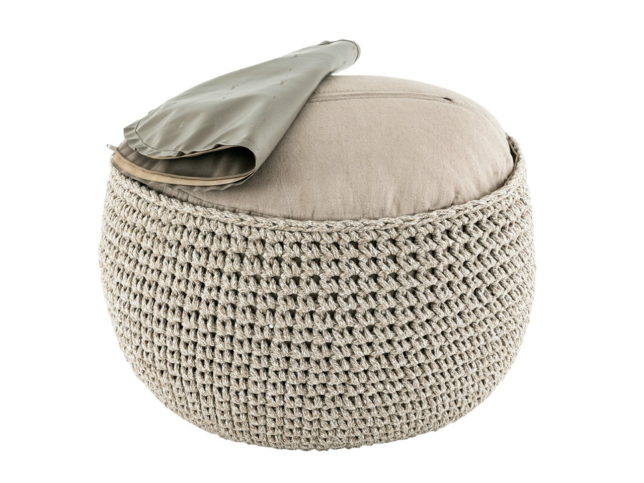 Mohair pouf – handmade round pouf made of recycled cotton in natural tones