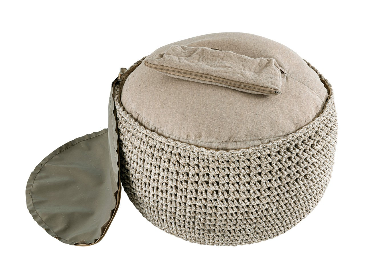 Mohair pouf – handmade round pouf made of recycled cotton in natural tones