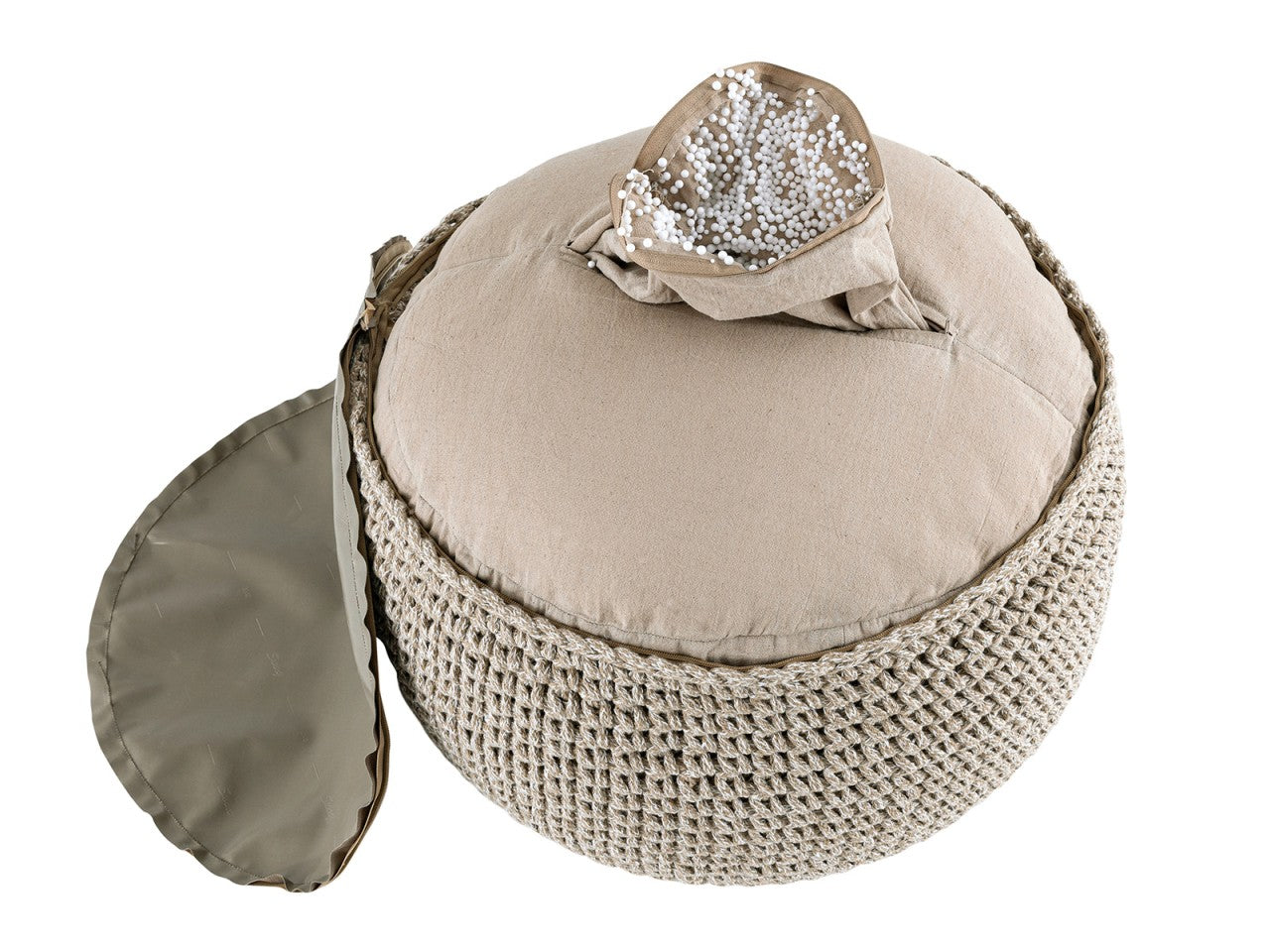 Mohair pouf – handmade round pouf made of recycled cotton in natural tones