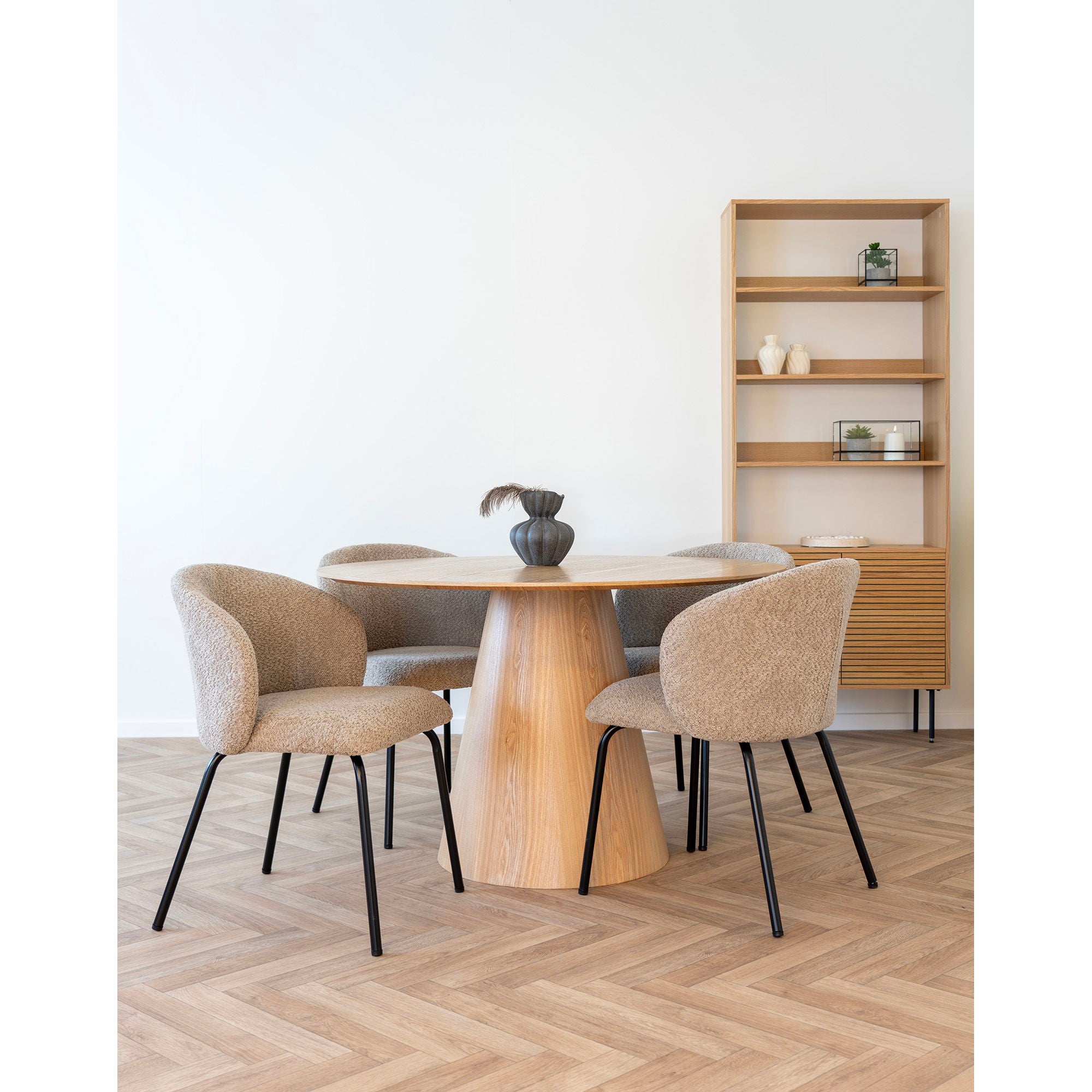 Eetkamerstoel, beige bouclé met zwarte poten, HN1266 (set van 2)