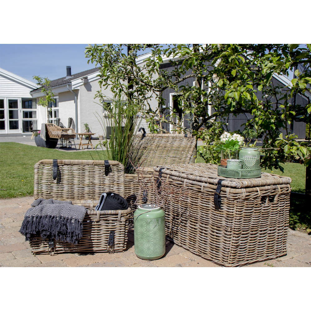 Opbergkisten Depok – set van 3 in grijs rattan met leren handvatten