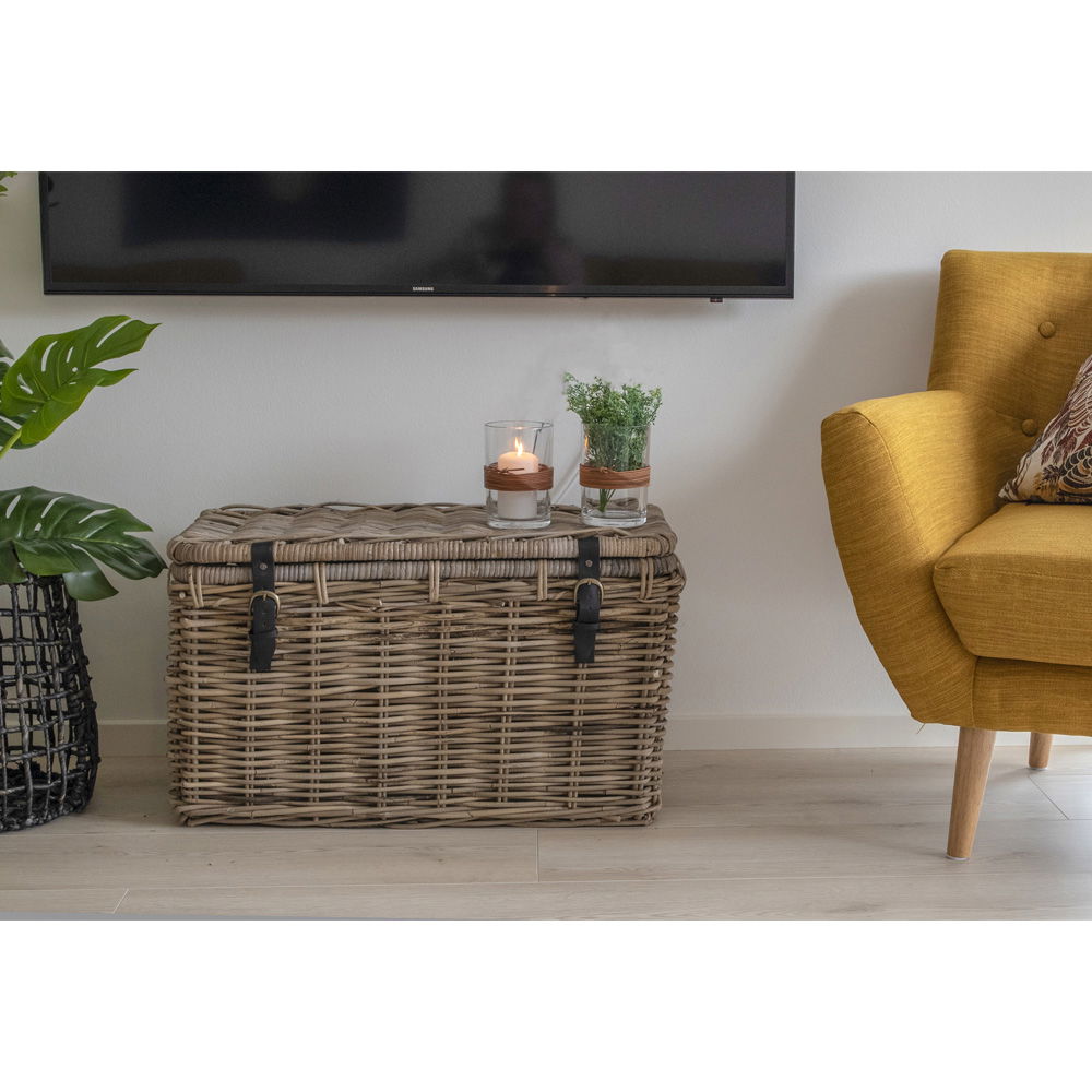 Opbergkisten Depok – set van 3 in grijs rattan met leren handvatten