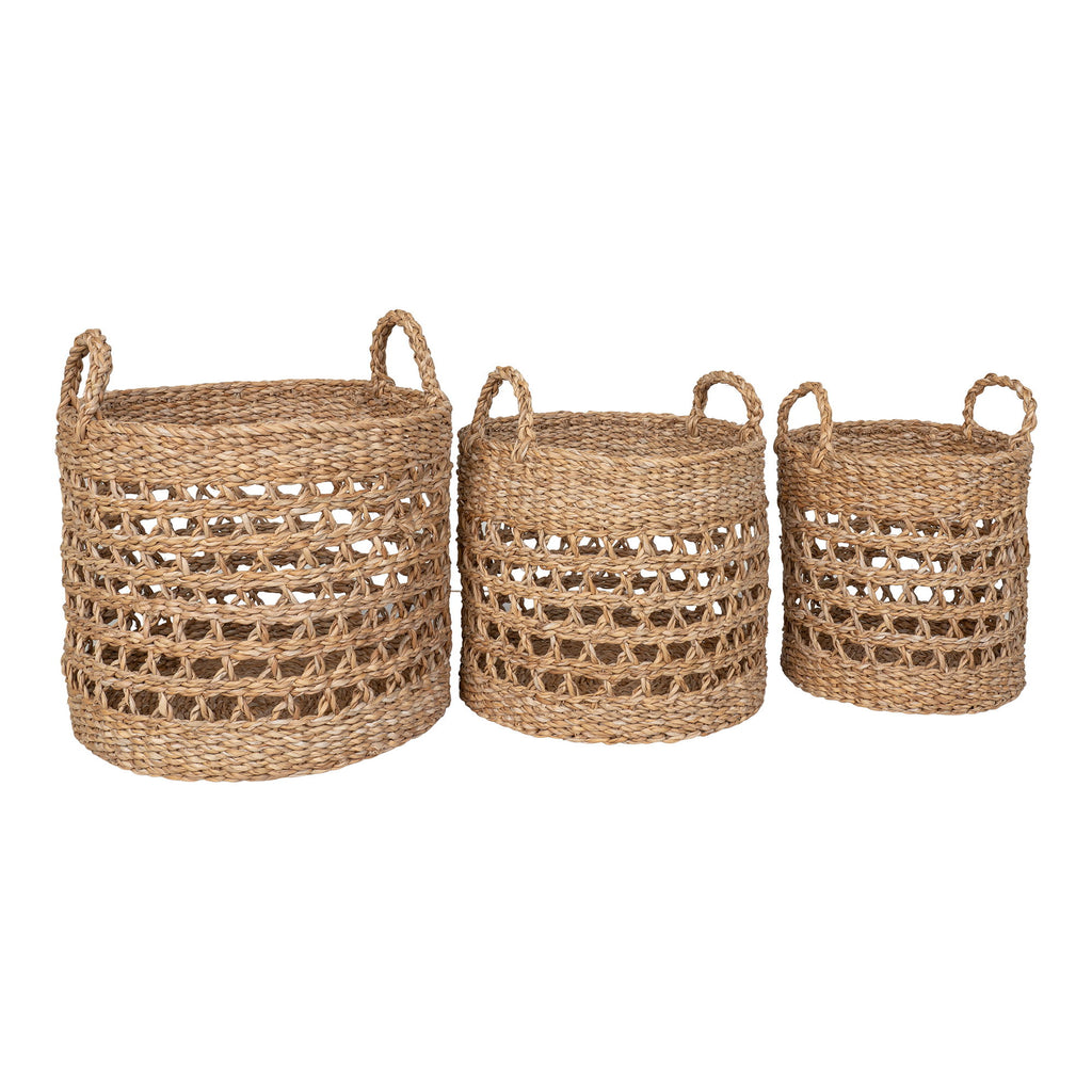 Mand Cesto Balok – set van 3 handgeweven zeegras manden in naturel/zwart