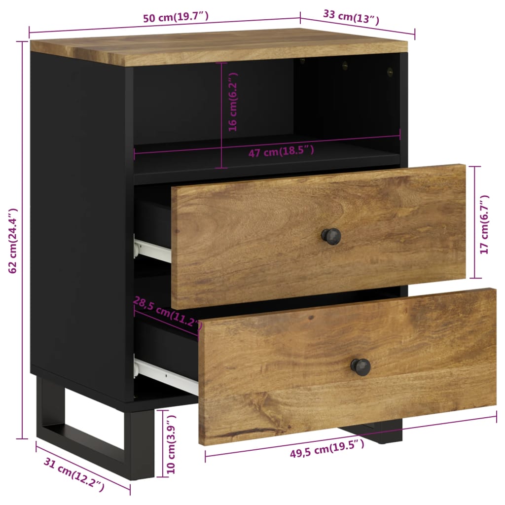 Nachtkastje 50X33X62 Cm Massief Mangohout En Bewerkt Hout