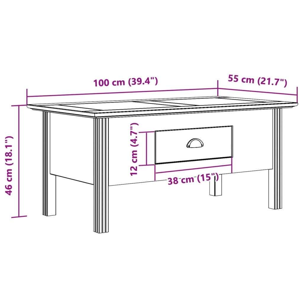 Salontafel Bodo 100X55X46 Cm Massief Grenenhout