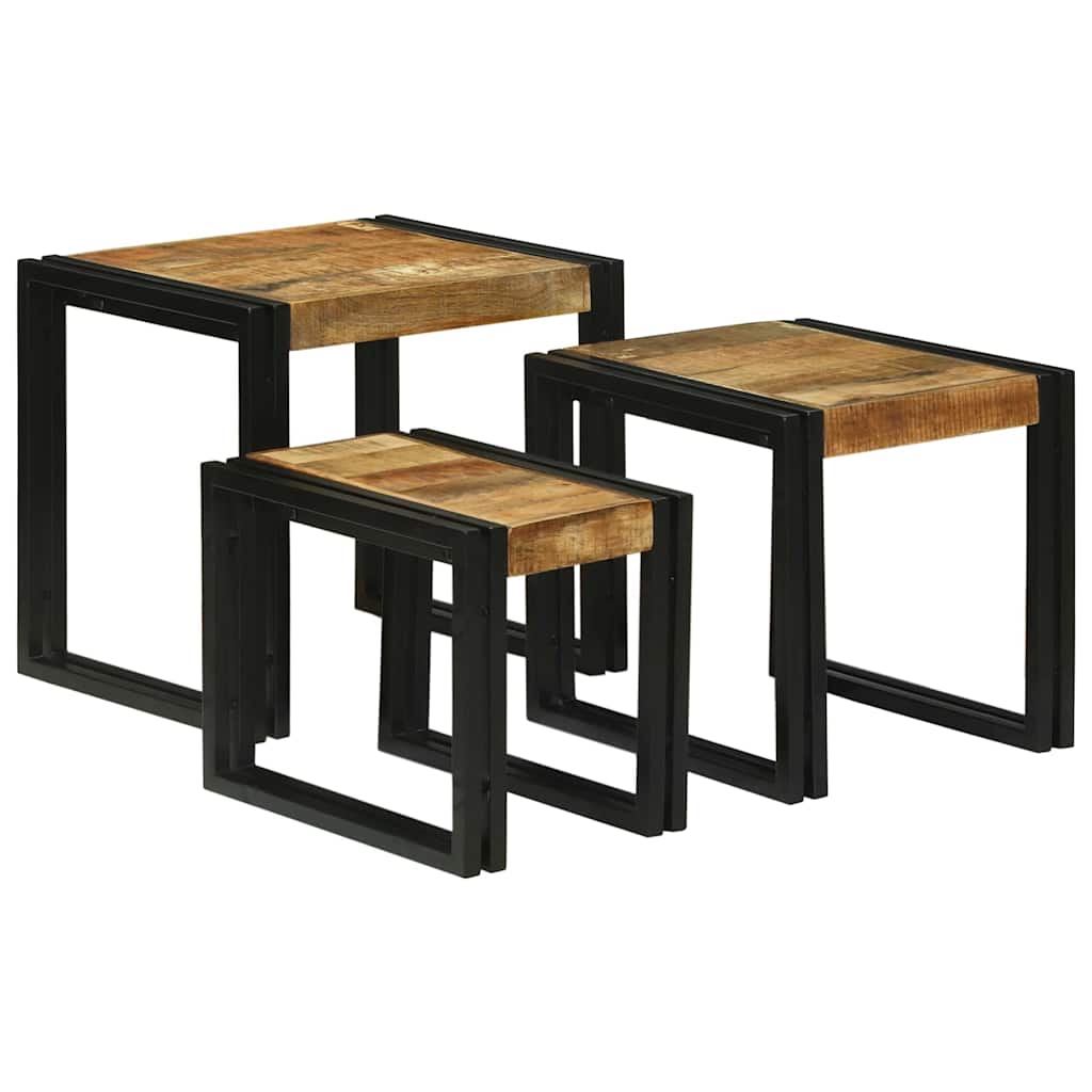 Nesttafel 3 Pcs Massief Ruwe Mango Hout En Een Metaal