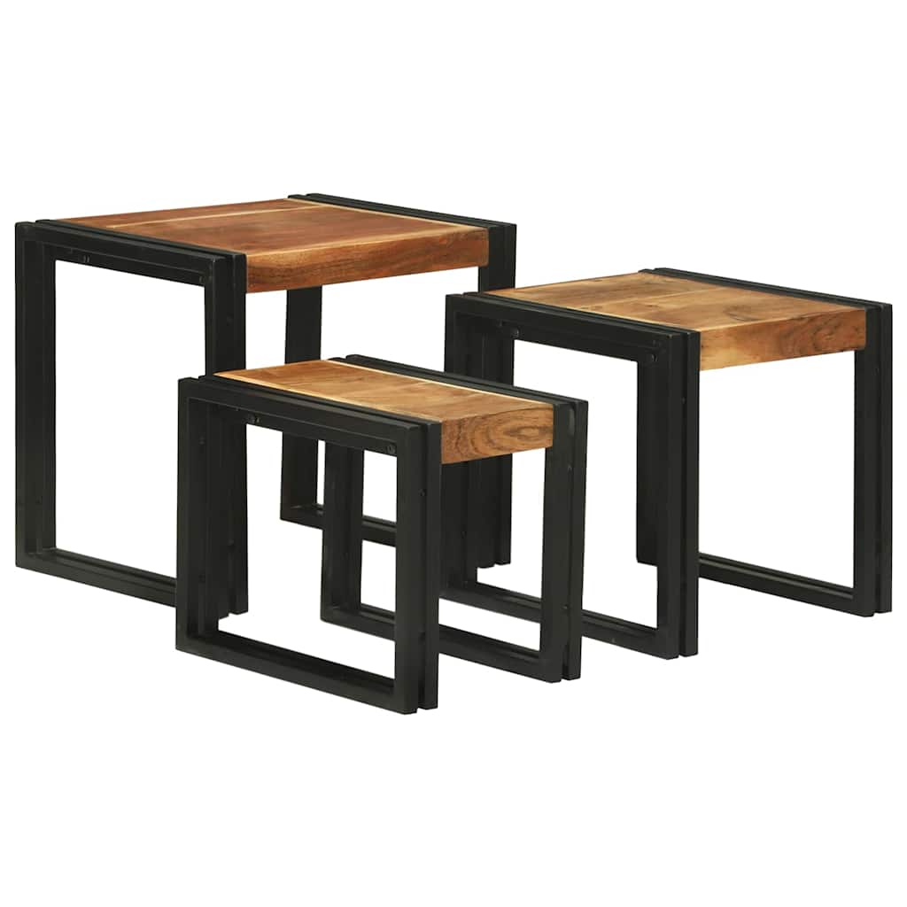 Nesttafel 3 Pcs Massief Ruwe Mango Hout En Een Metaal