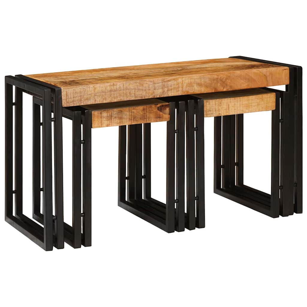 Nesttafel 3 Pcs Massief Ruwe Mango Hout En Een Metaal