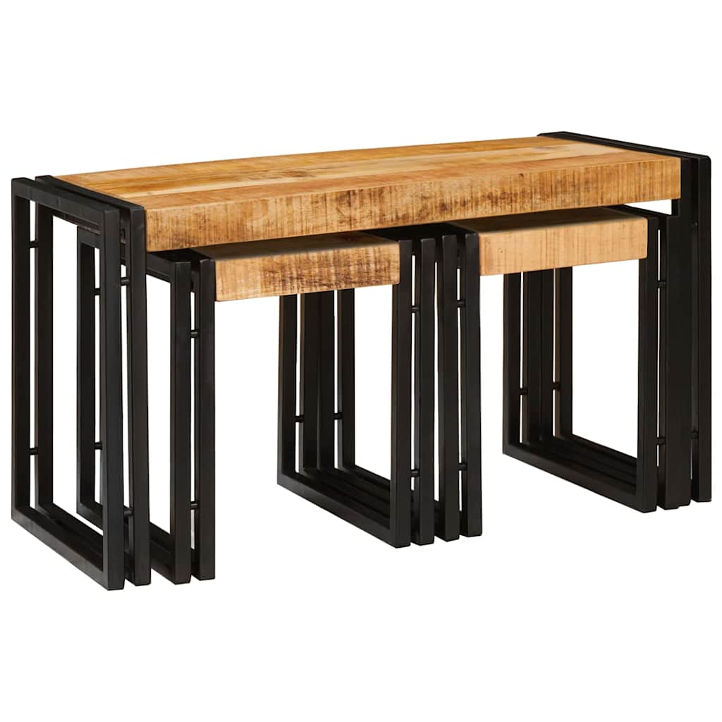Nesttafel 3 Pcs Massief Ruwe Mango Hout En Een Metaal