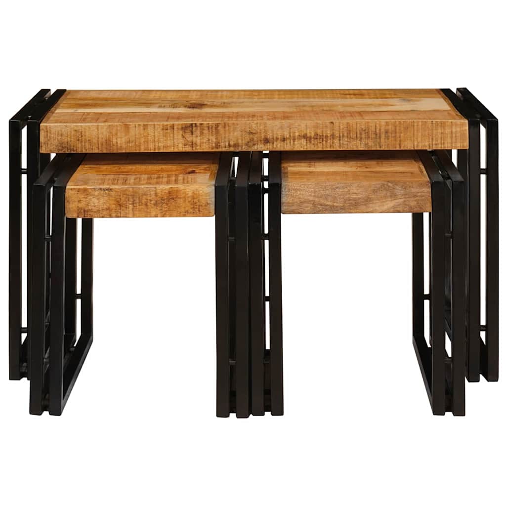 Nesttafel 3 Pcs Massief Ruwe Mango Hout En Een Metaal