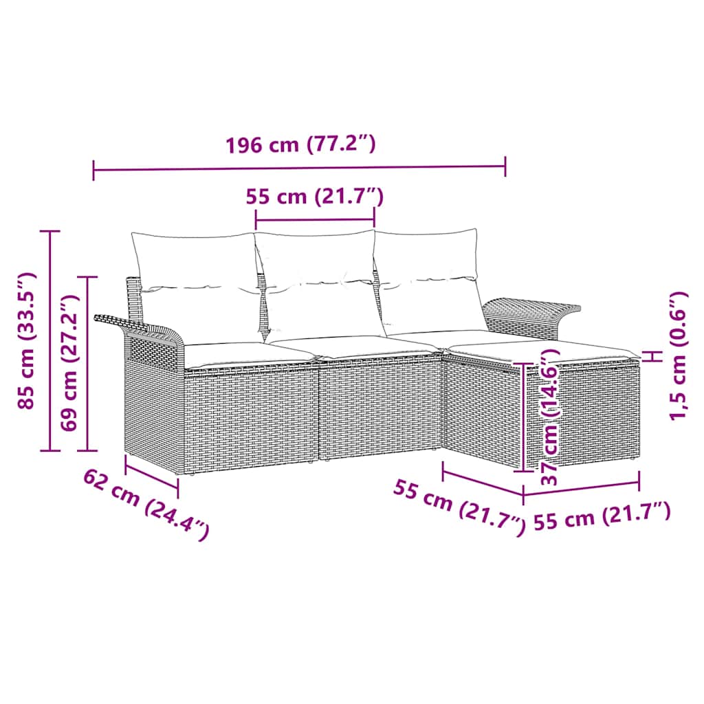 Tuin Sofa Set Met Kussen Met Opslag 4 Pcs Poly Riet