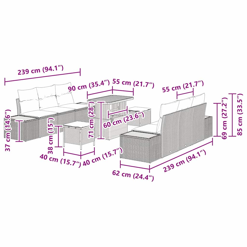 Tuin Sofa Set Met Kussen 9 Pcs Poly Riet
