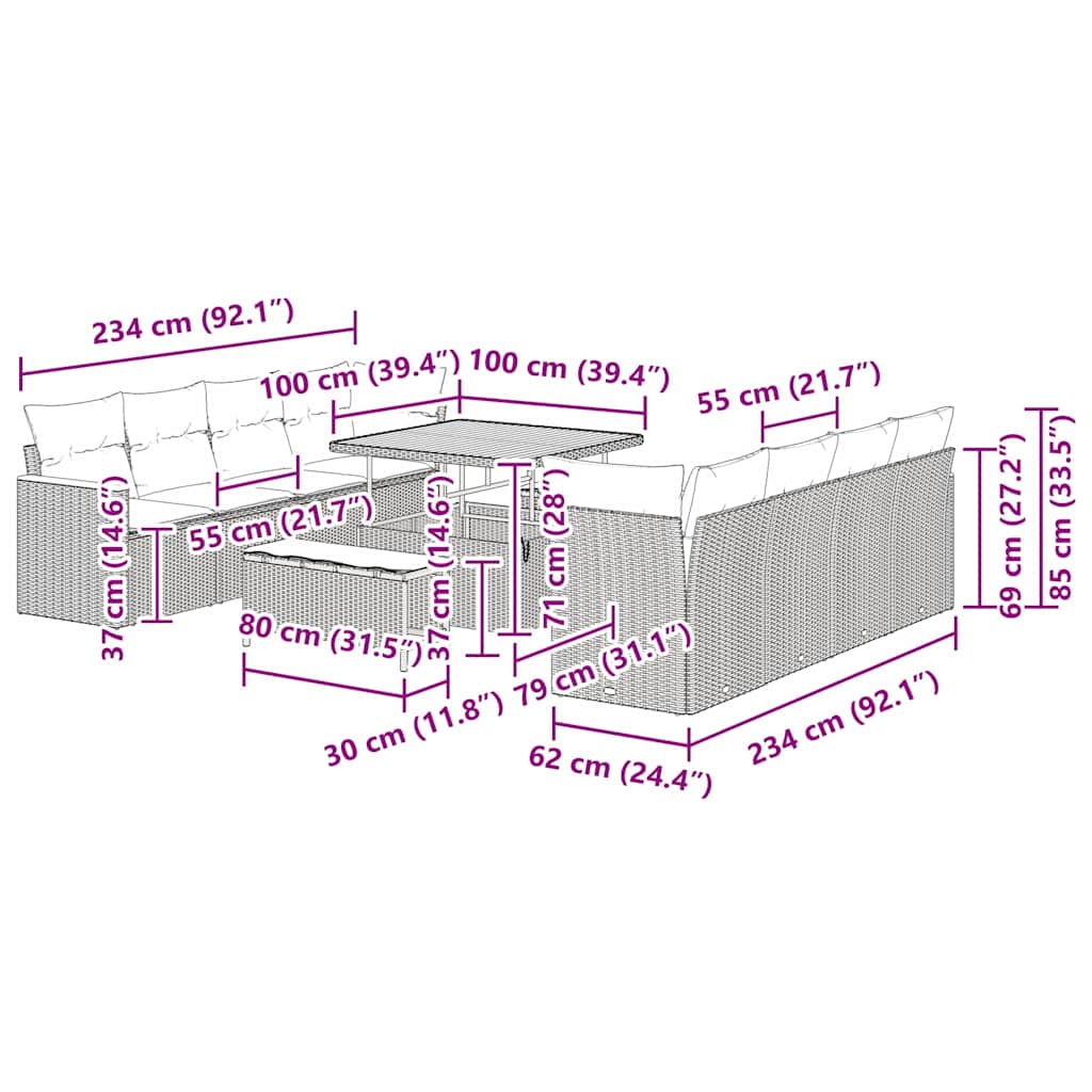 Tuin Sofa Set Met Kussen 11 Pcs Poly Riet