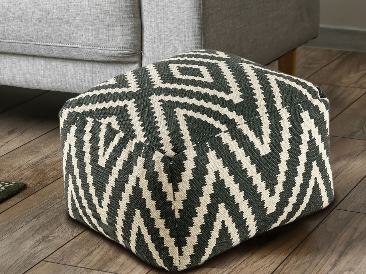Kelim pouf – hand-woven cotton in black, taupe, yellow, and turquoise