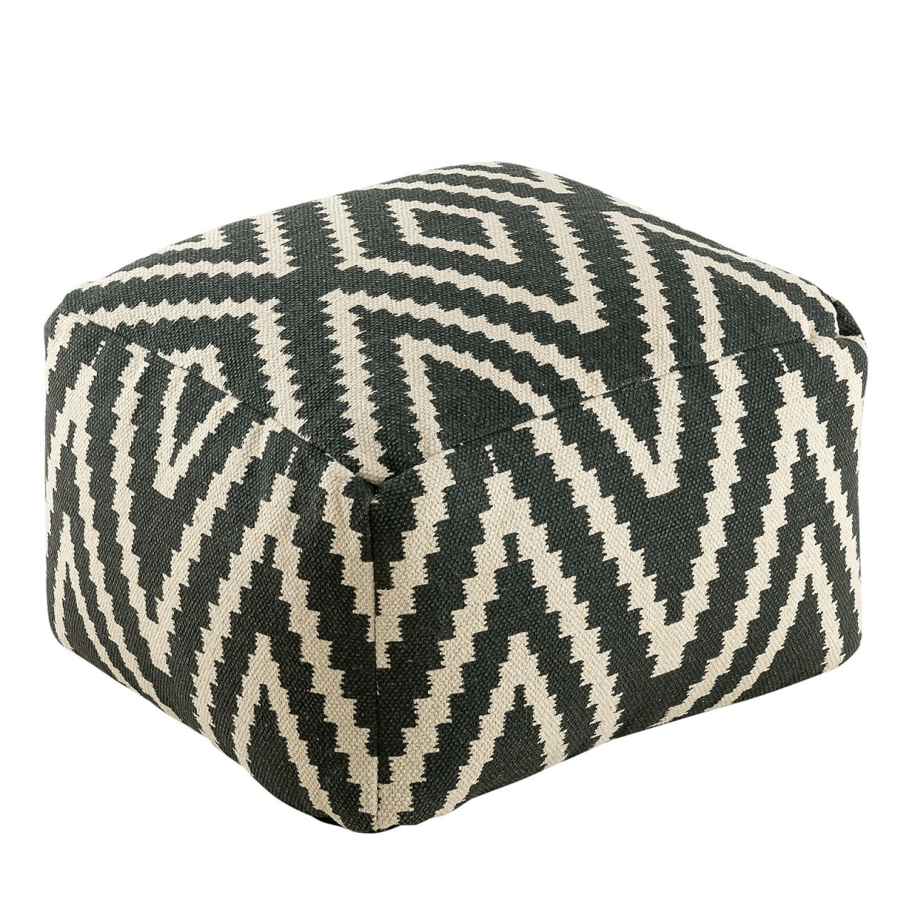 Kelim pouf – hand-woven cotton in black, taupe, yellow, and turquoise