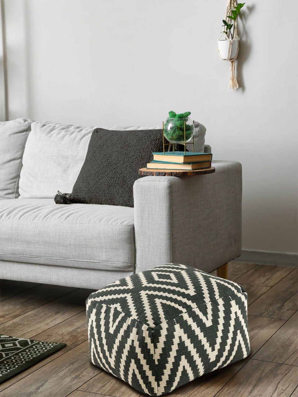Kelim pouf – hand-woven cotton in black, taupe, yellow, and turquoise