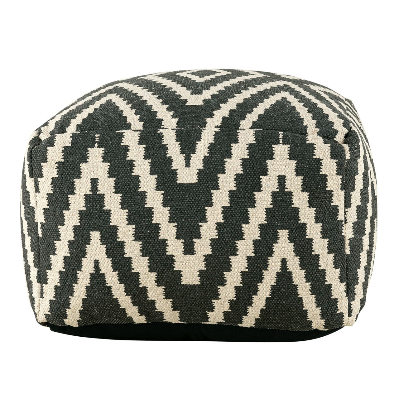 Kelim pouf – hand-woven cotton in black, taupe, yellow, and turquoise