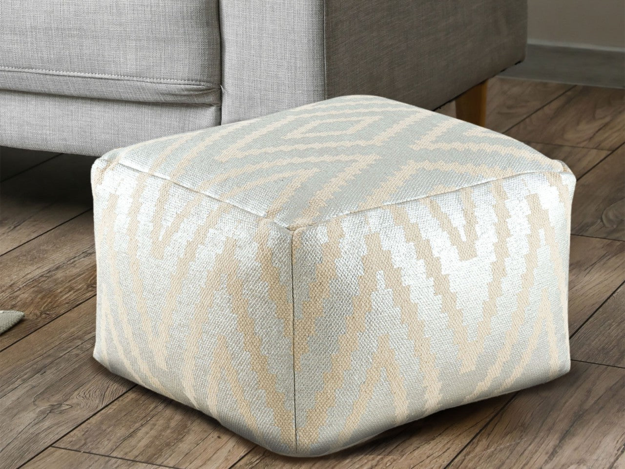 Cube Pouf – Hand-woven cotton in black, taupe, yellow, and turquoise