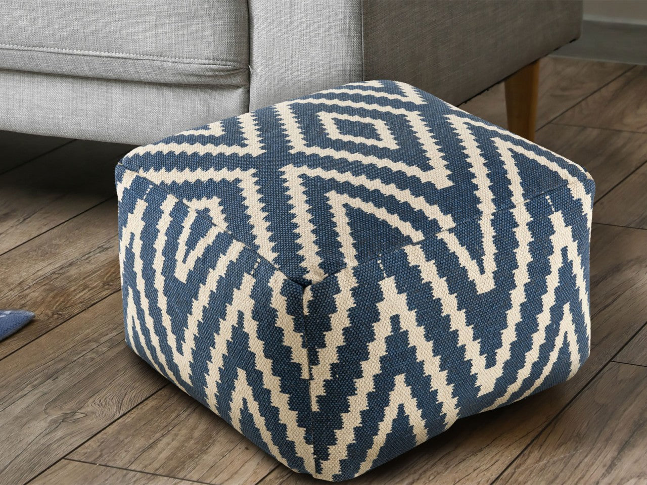 Kelim pouf – handmade in black and taupe with colorful accents