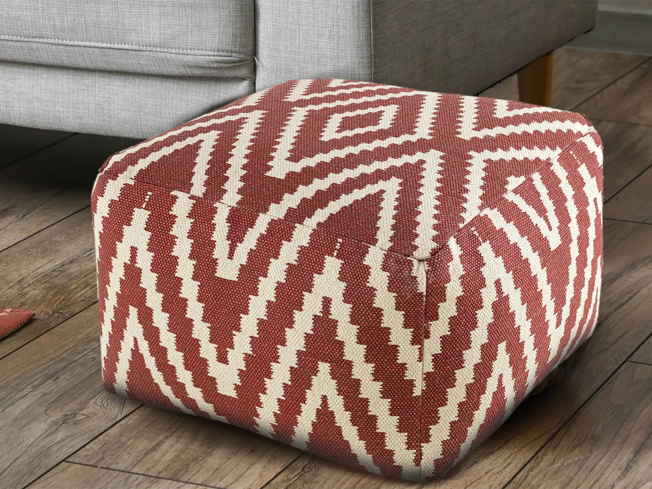 Kelim pouf – hand-woven cotton in black, taupe, yellow, and turquoise