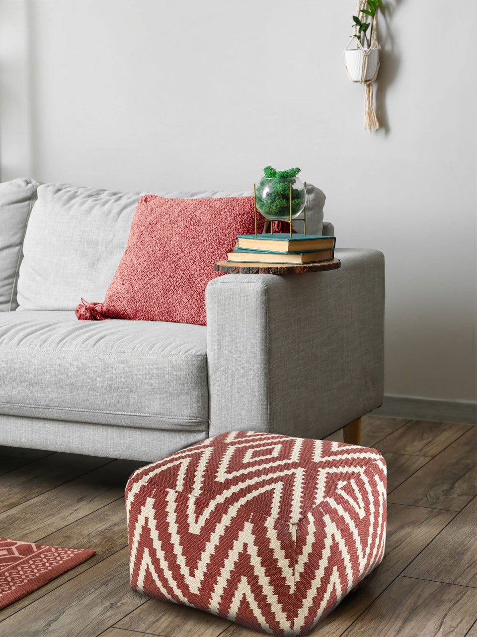 Kelim pouf – hand-woven cotton in black, taupe, yellow, and turquoise