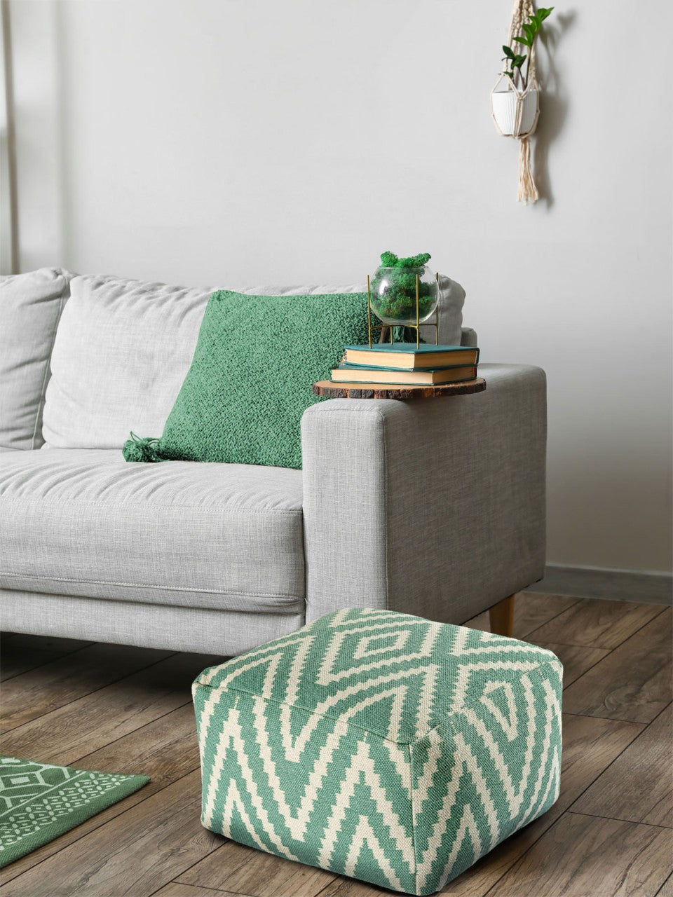 Zitpoef Kelim – handgeweven katoen in zwart, taupe, geel en turquoise