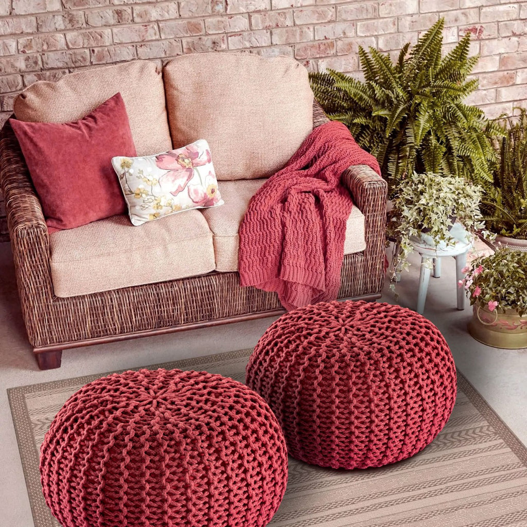 PREMIUM pouf – knitted pouf made of recycled plastic in rust brown-red