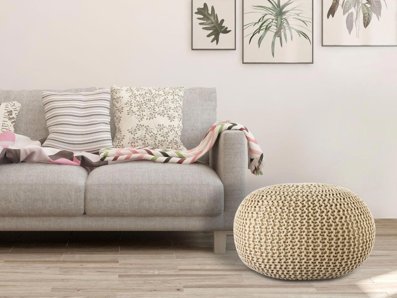 Luxe Pouf – knitted pouf made of recycled plastic in cream-colored sand
