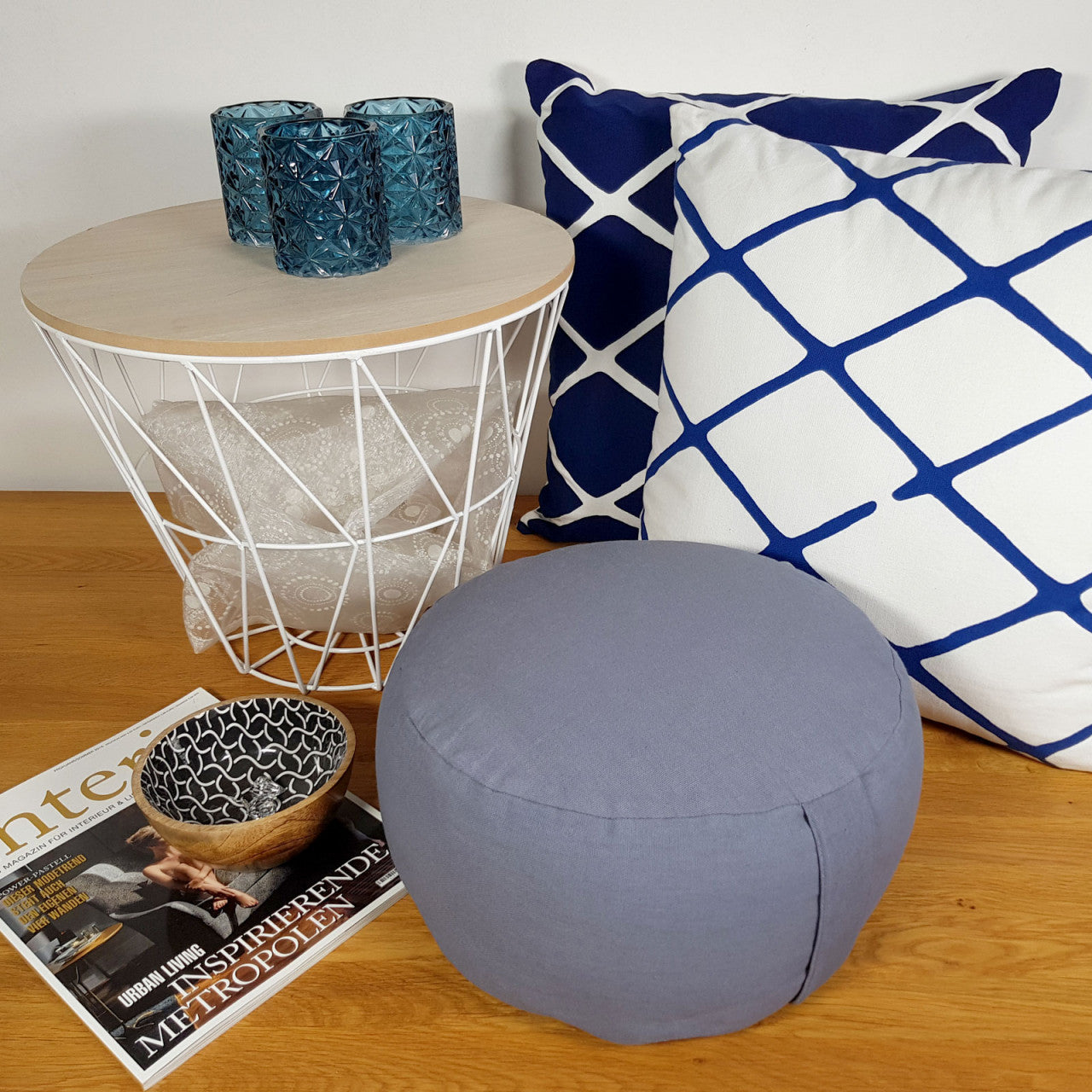 Lotus pouf – handmade cotton with buckwheat filling in cool gray