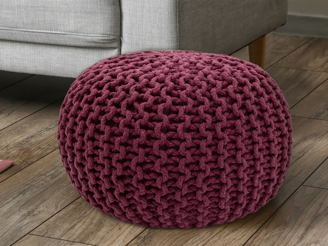 Seat pouffe Knit – coarse knitted cotton in burgundy