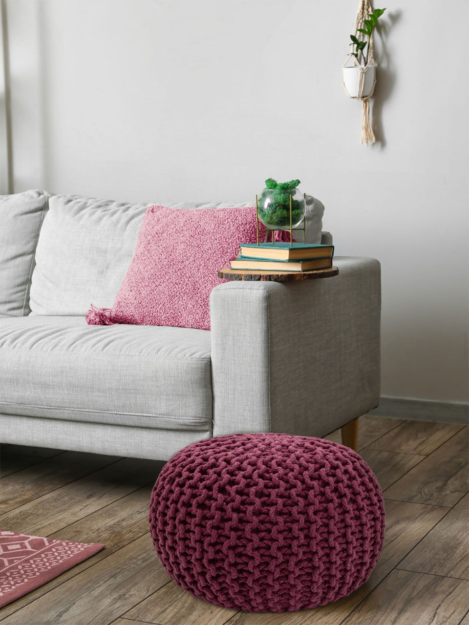 Seat pouffe Knit – coarse knitted cotton in burgundy