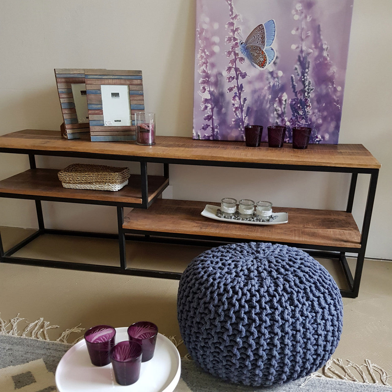 Knitted pouf – chunky knitted pouf made of recycled cotton in a natural shade