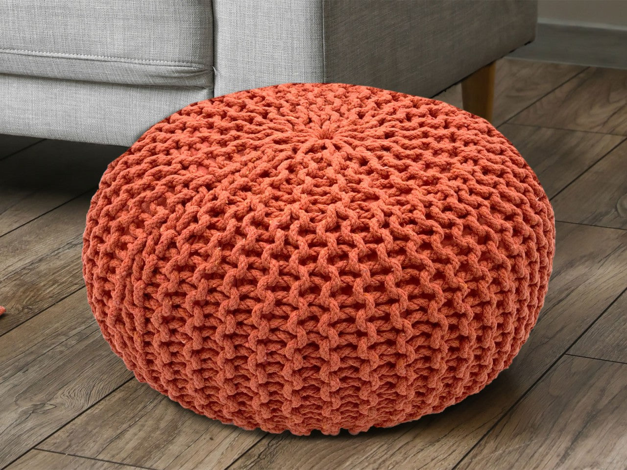 Strickhocker pouf – hand-crocheted cotton in terracotta