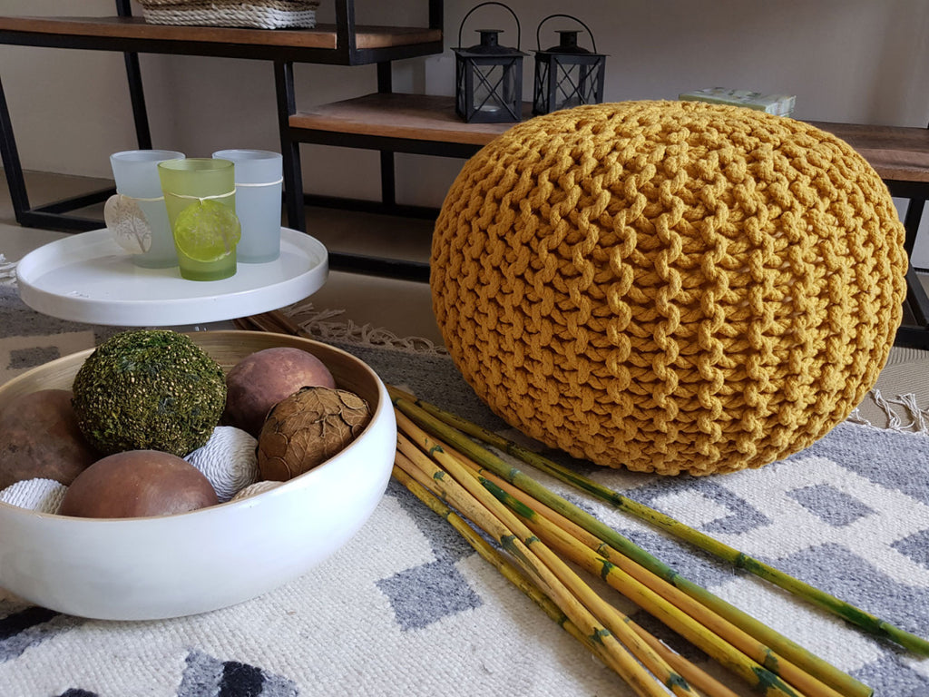 Knit Pouf – Chunky knitted pouf made of recycled cotton in sunny yellow