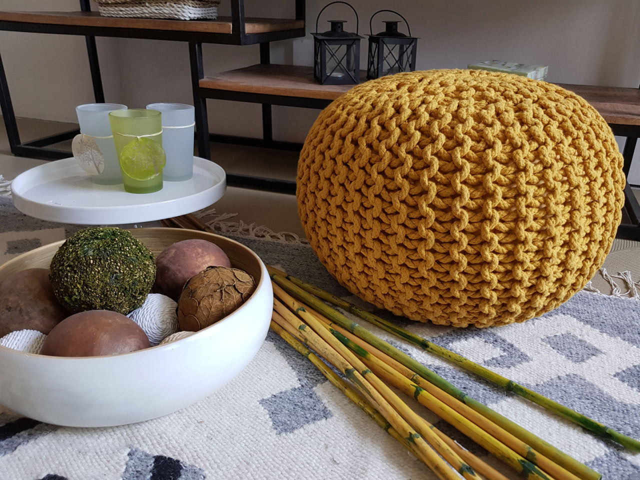 Knit Pouf – Chunky knitted pouf made of recycled cotton in sunny yellow