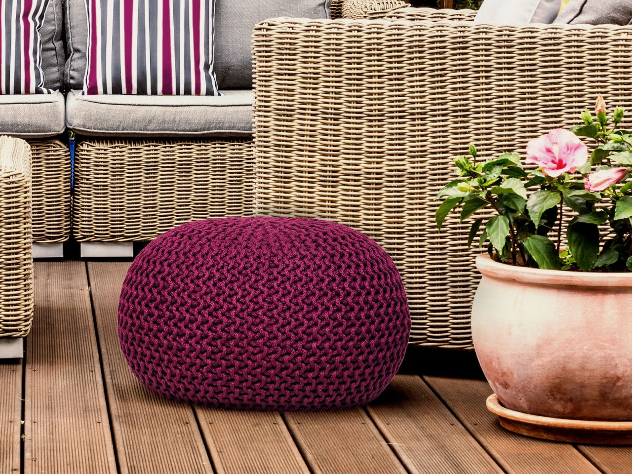 Zitpoef Gebreide poef Gebreide kruk Gebreide poef Ø 55cm PREMIUM Binnenplaats Zwembad Tuin Duurzaam