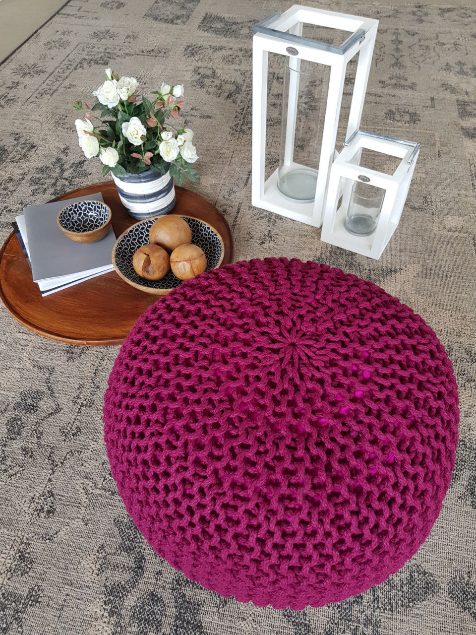 Zitpoef Gebreide poef Gebreide kruk Gebreide poef Ø 55cm PREMIUM Binnenplaats Zwembad Tuin Duurzaam