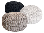 Zitpoef Trio – handgebreide poefs in antraciet, beige en wit