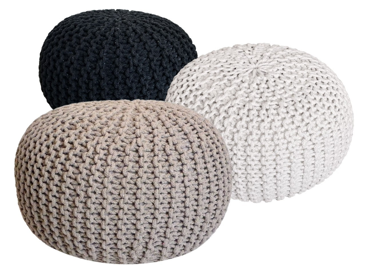 Zitpoef Trio – handgebreide poefs in antraciet, beige en wit