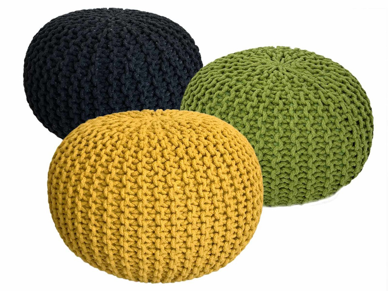 Zitpoef Elan – grofgebreide pouf in antraciet met neon en geel
