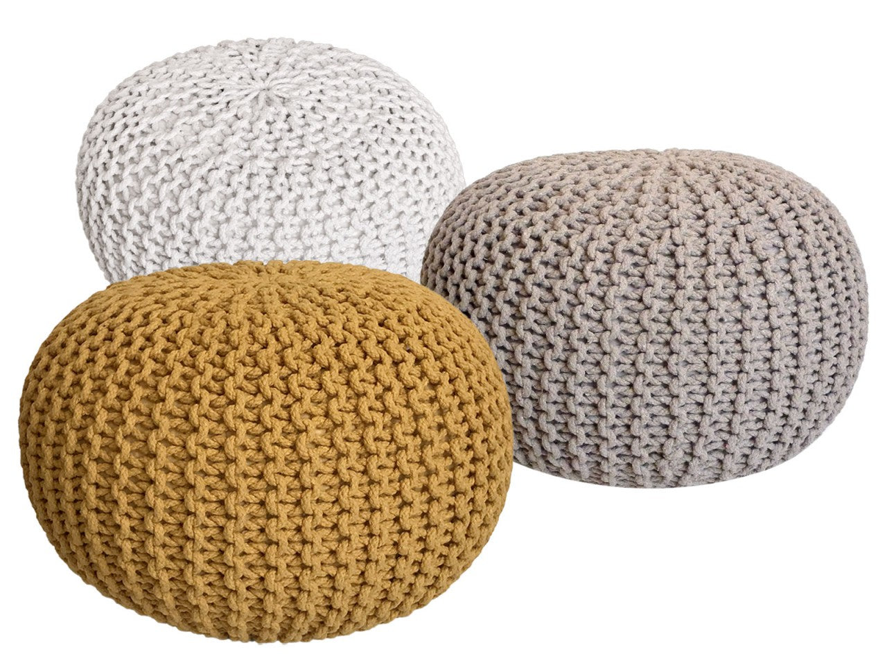 Zitpoef Trine – grofgebreide poef in wit, beige en geel