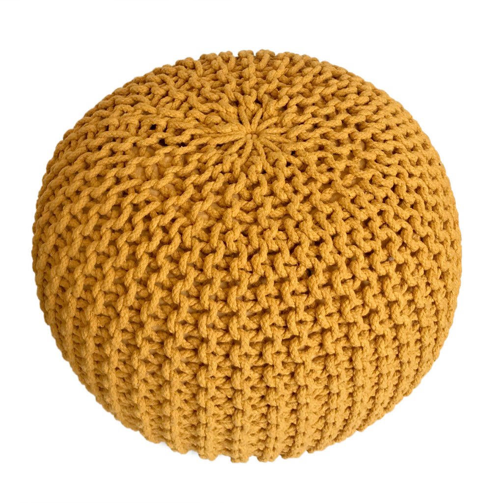 Zitpoef Trine – grofgebreide poef in wit, beige en geel