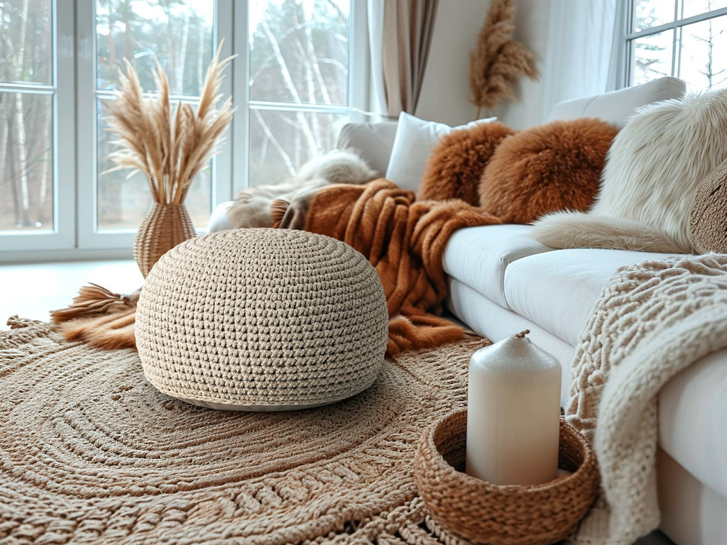 Zitpoef Mohair – handgemaakte ronde poef van gerecycled katoen in natuurtonen