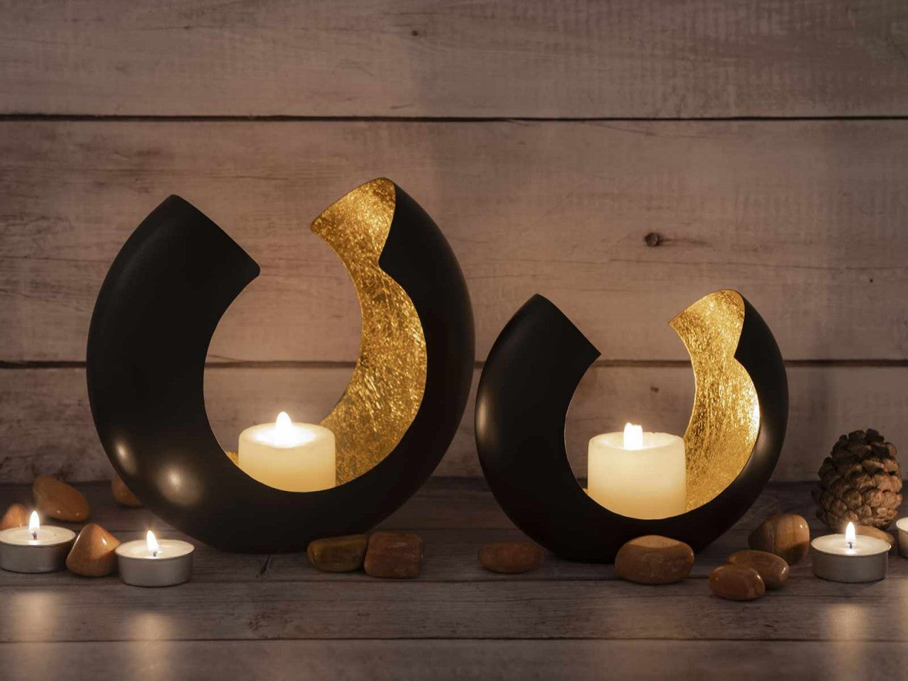 Omega candle holder set – handmade metal in matte black with gold