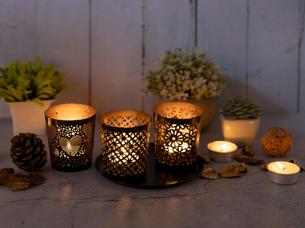 Candle holder set Crete – handmade metal in black and gold