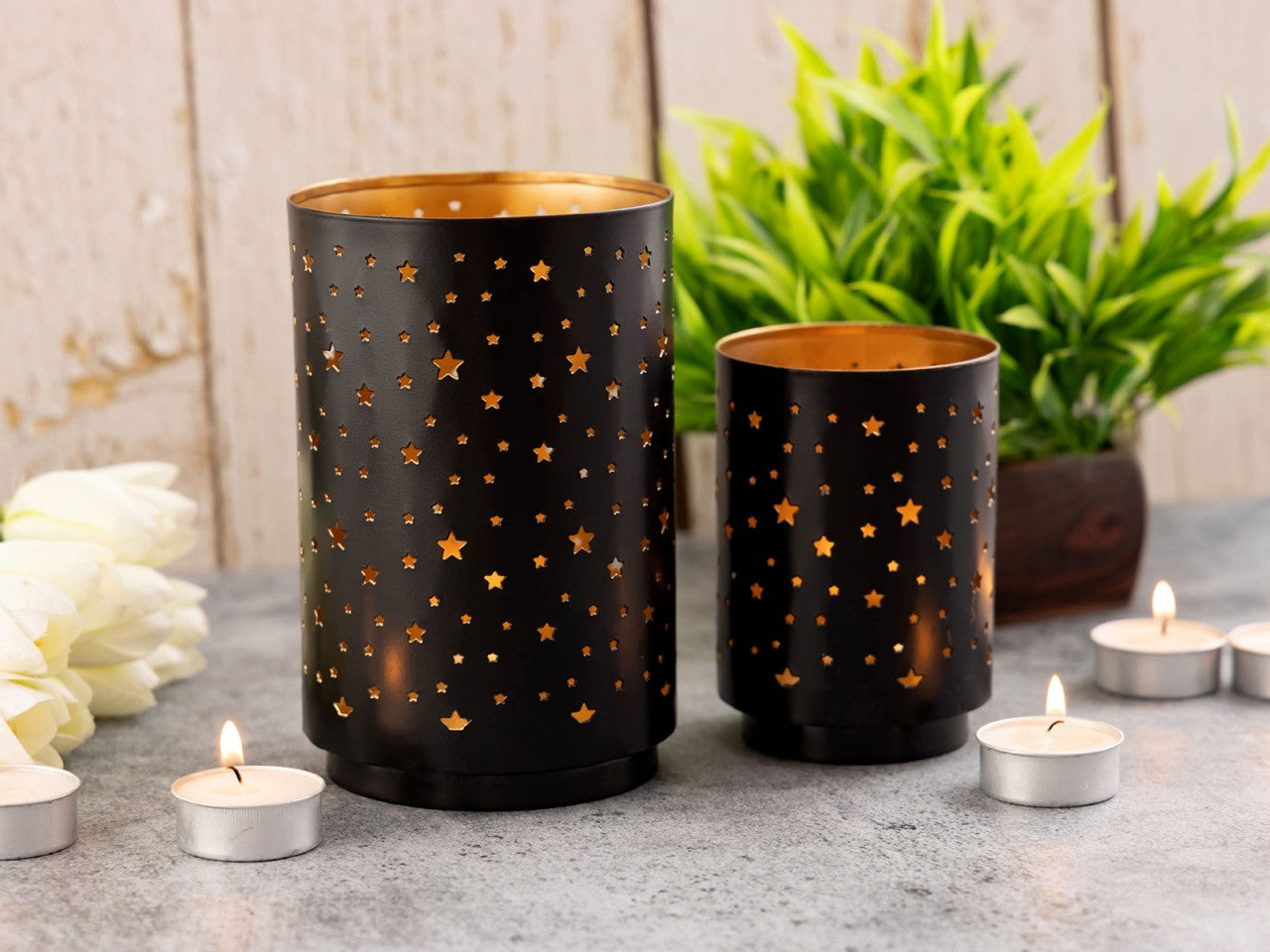 Candle holder set Starry sky – handmade metal in black and gold