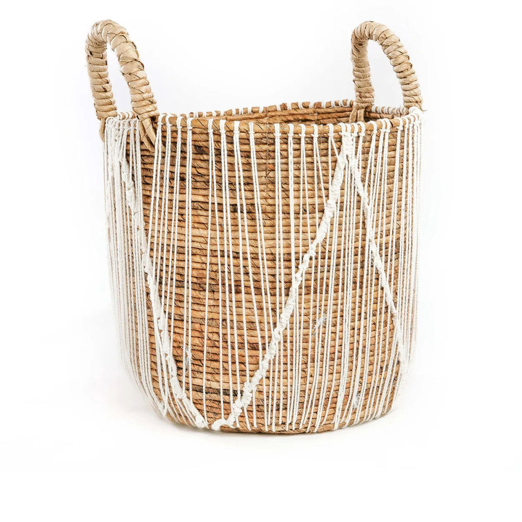 Macramé Mand Luxe – zeegras met wit katoenpatroon in naturel tint