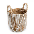 Macramé Mand Medium – zeegras met wit katoenpatroon in naturel