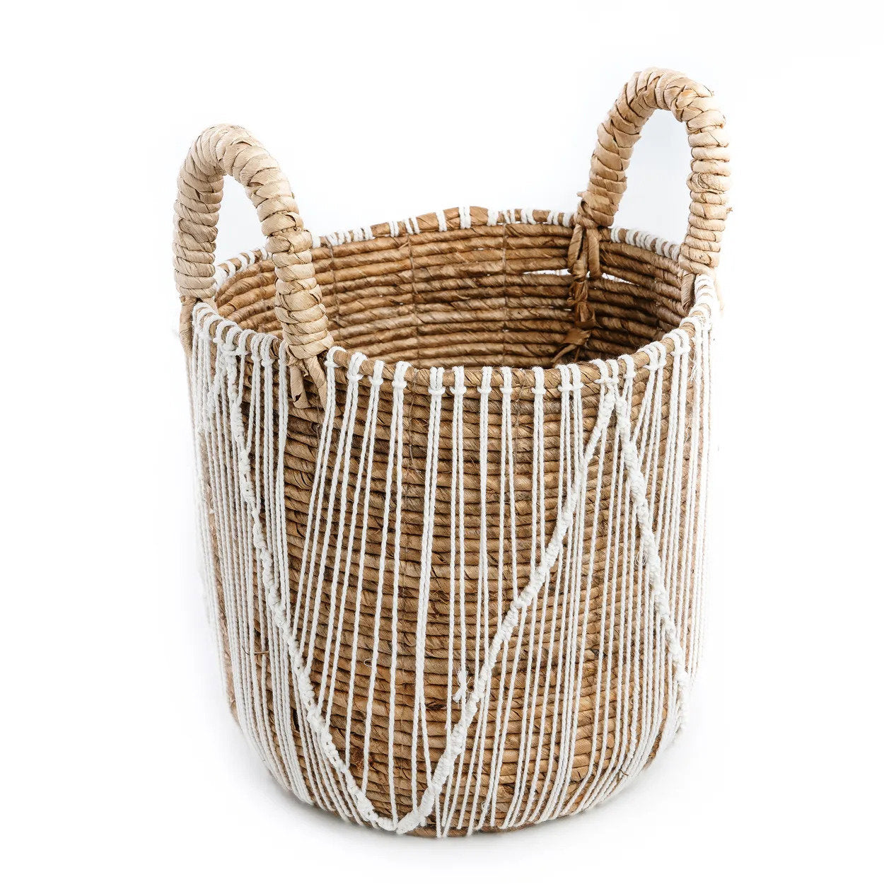 Macramé Mand Medium – zeegras met wit katoenpatroon in naturel